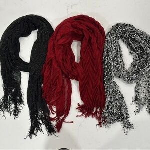 Set of Three Stylish Scarves - Black w/silver, Red, and black/white w/silver